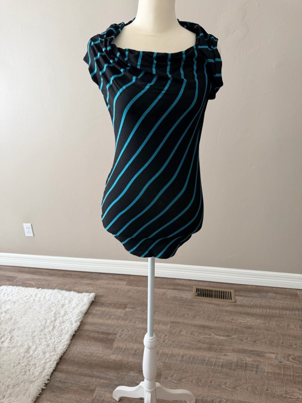 Bailey 44 Black and Teal Striped Draped Neck Blouse